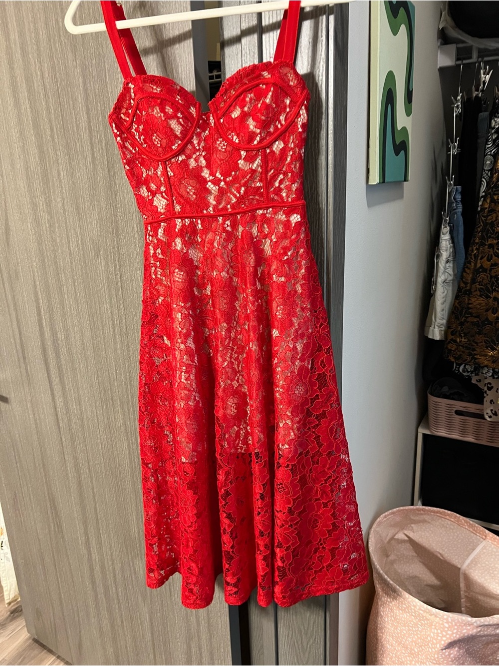 PrettyLittleThing Red Lace Midi Dress